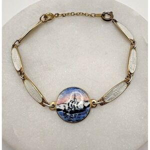 Vintage Sterling Silver Guilloche Enamel Bracelet Viking Ship Scandanavian READ